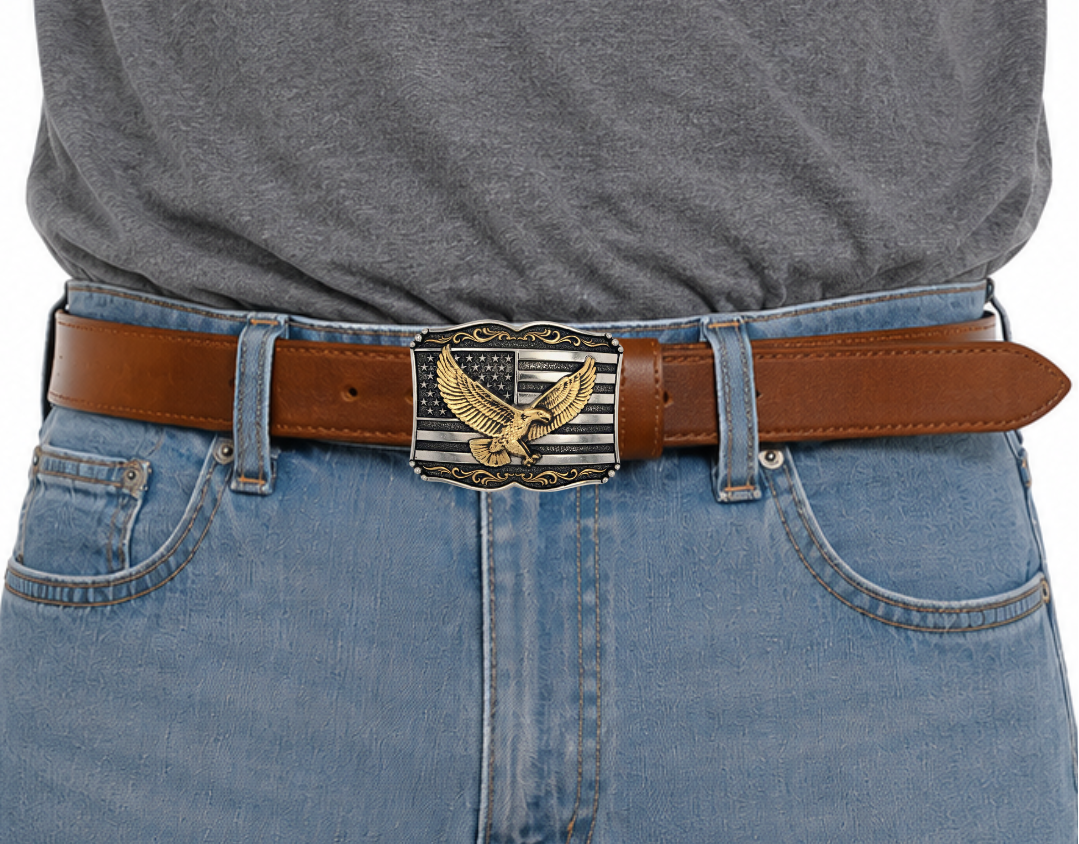 Soar with pride when you attach this stunning buckle to a favorite belt. The Soaring Liberty Attitude Buckle is expertly crafted from Silver and gold over a white metal alloy with painted accents with the American flag and bald eagle. This buckle celebrates the American spirit and pride. It&