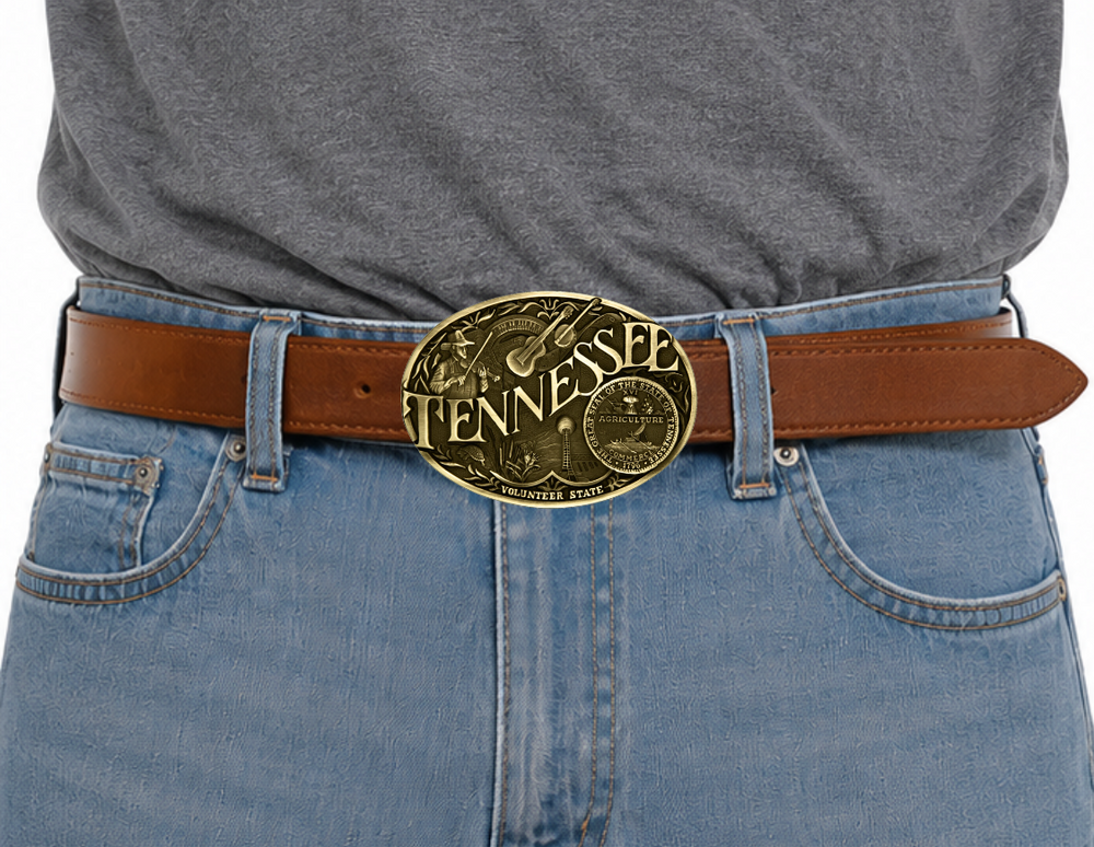 Antiqued brass colored Attitude buckle Tennessee state and symbols. Standard 1.5 belt swivel. Available online and in our shop in Smyrna, TN, just outside of Nashvillle.