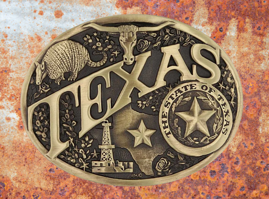 Large lettering spelling out TEXAS stretches boldly across, surrounded by a set of antiqued figures in celebration of Texas heritage including a longhorn head, armadillo, oil well, the state of Texas and the Lone Star seal. Our cast belt buckles are acid washed to add the dark antiqued patina and hand buffed to bring out the highlights and details. Standard 1.5 inch belt swivel. Get yours at our local Smyrna ,TN shop.