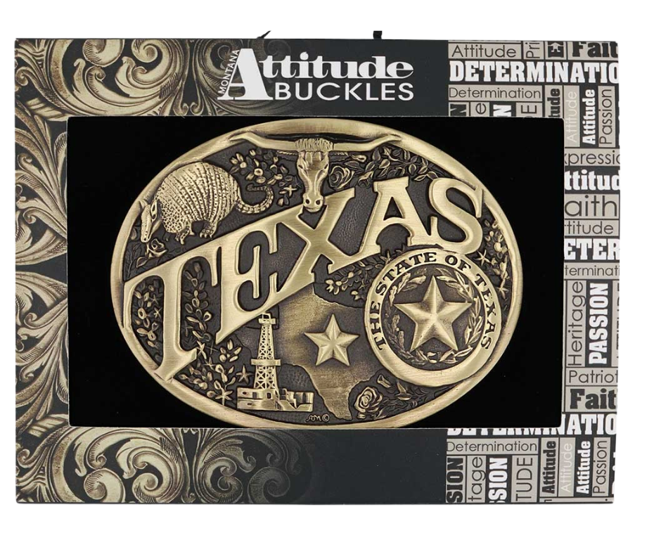 Large lettering spelling out TEXAS stretches boldly across, surrounded by a set of antiqued figures in celebration of Texas heritage including a longhorn head, armadillo, oil well, the state of Texas and the Lone Star seal. Our cast belt buckles are acid washed to add the dark antiqued patina and hand buffed to bring out the highlights and details. Standard 1.5 inch belt swivel. Get yours at our local Smyrna ,TN shop.