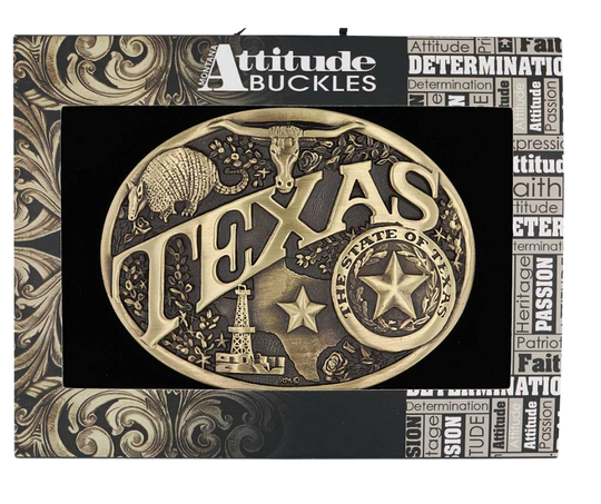 Large lettering spelling out TEXAS stretches boldly across, surrounded by a set of antiqued figures in celebration of Texas heritage including a longhorn head, armadillo, oil well, the state of Texas and the Lone Star seal. Our cast belt buckles are acid washed to add the dark antiqued patina and hand buffed to bring out the highlights and details. Standard 1.5 inch belt swivel. Get yours at our local Smyrna ,TN shop.
