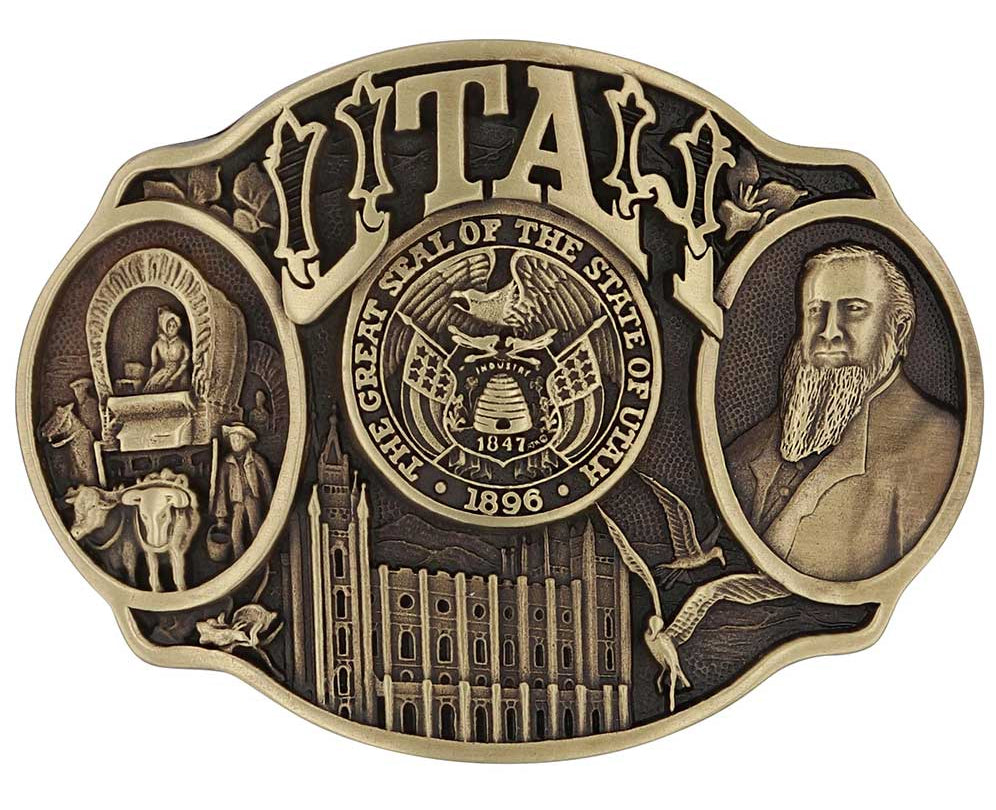 Celebrate Utah State with this buckle highlighting pioneers, Brigham Young, the Salt Lake Tabernacle, and the state seal! Brass plate over a solid cast metal alloy is antiqued and buffed to highlight the details.

Fits 1 1/2" belts and is approx. 3" tall x 4" across. Available at our shop just outside Nashville in Smyrna, TN. Made by Montana Silversmiths.