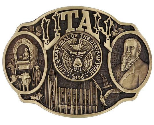 Celebrate Utah State with this buckle highlighting pioneers, Brigham Young, the Salt Lake Tabernacle, and the state seal! Brass plate over a solid cast metal alloy is antiqued and buffed to highlight the details.

Fits 1 1/2" belts and is approx. 3" tall x 4" across. Available at our shop just outside Nashville in Smyrna, TN. Made by Montana Silversmiths.
