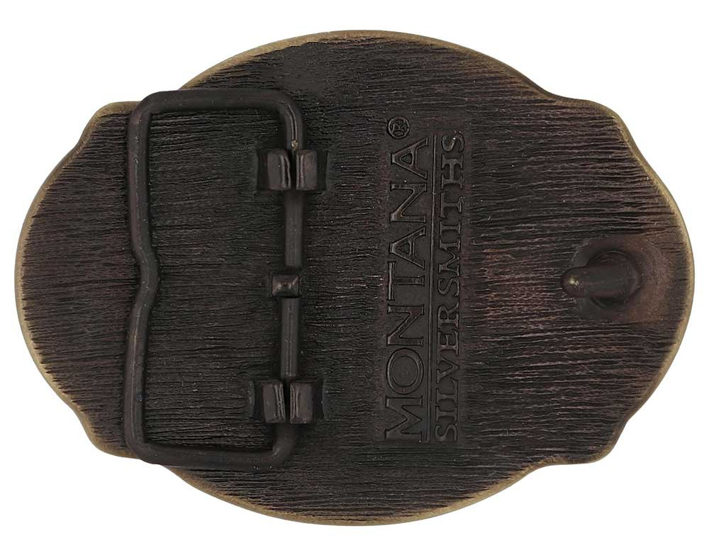 Celebrate Utah State with this buckle highlighting pioneers, Brigham Young, the Salt Lake Tabernacle, and the state seal! Brass plate over a solid cast metal alloy is antiqued and buffed to highlight the details.

Fits 1 1/2" belts and is approx. 3" tall x 4" across. Available at our shop just outside Nashville in Smyrna, TN. Made by Montana Silversmiths.