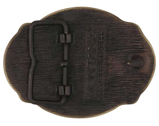Celebrate Utah State with this buckle highlighting pioneers, Brigham Young, the Salt Lake Tabernacle, and the state seal! Brass plate over a solid cast metal alloy is antiqued and buffed to highlight the details.

Fits 1 1/2" belts and is approx. 3" tall x 4" across. Available at our shop just outside Nashville in Smyrna, TN. Made by Montana Silversmiths.
