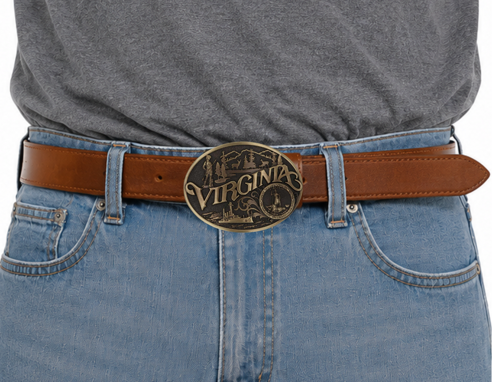 Celebrate Virginia State with this buckle highlighting a frontiersman scoping a land of plenty and a navel ship at sea motifs including the state seal!

Fits 1 1/2" belts and is approx. 3" tall x 4" across. Available at our shop just outside Nashville in Smyrna, TN. Made by Montana Silversmiths.