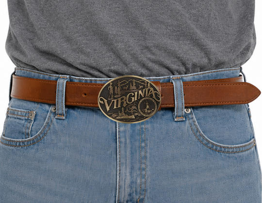 Celebrate Virginia State with this buckle highlighting a frontiersman scoping a land of plenty and a navel ship at sea motifs including the state seal!

Fits 1 1/2" belts and is approx. 3" tall x 4" across. Available at our shop just outside Nashville in Smyrna, TN. Made by Montana Silversmiths.