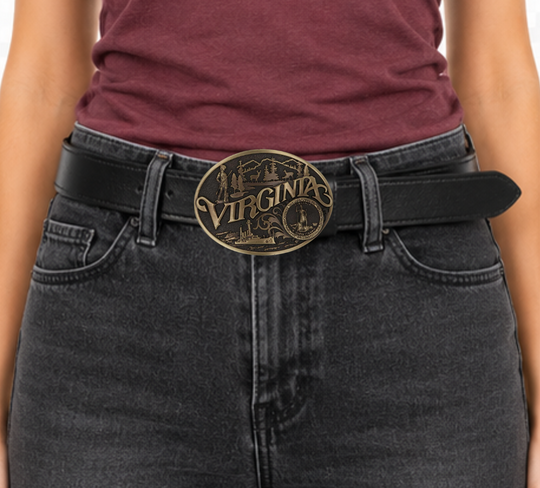 Celebrate Virginia State with this buckle highlighting a frontiersman scoping a land of plenty and a navel ship at sea motifs including the state seal!

Fits 1 1/2" belts and is approx. 3" tall x 4" across. Available at our shop just outside Nashville in Smyrna, TN. Made by Montana Silversmiths.