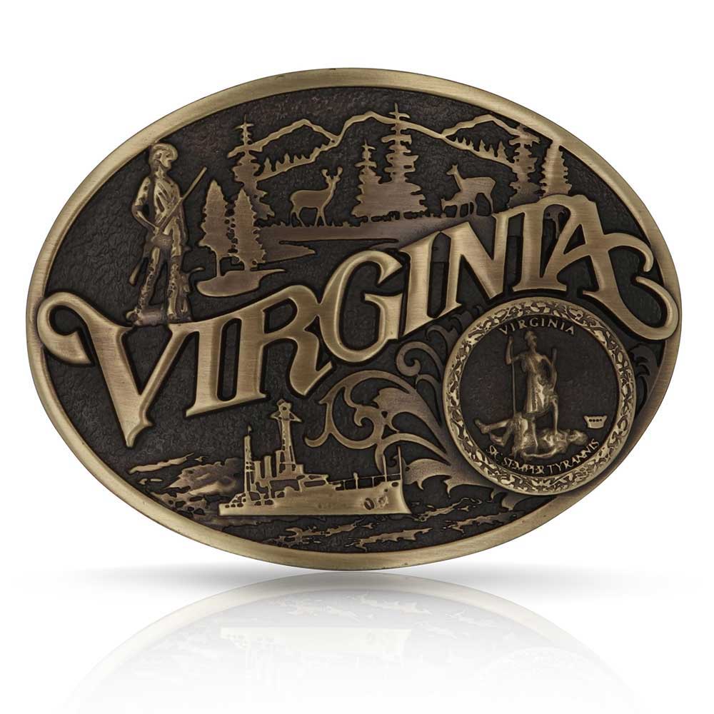 Celebrate Virginia State with this buckle highlighting a frontiersman scoping a land of plenty and a navel ship at sea motifs including the state seal!

Fits 1 1/2" belts and is approx. 3" tall x 4" across. Available at our shop just outside Nashville in Smyrna, TN. Made by Montana Silversmiths.