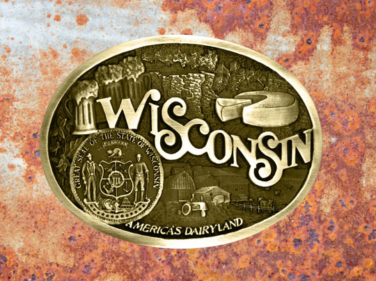 Show your Wisconsin state pride with all the Dairyland motifs including wonderful Cheeese! Fits 1 1/2" belts and is approx. 3" tall x 4" across. Available at our shop just outside Nashville in Smyrna, TN. Made by Montana Silversmith.