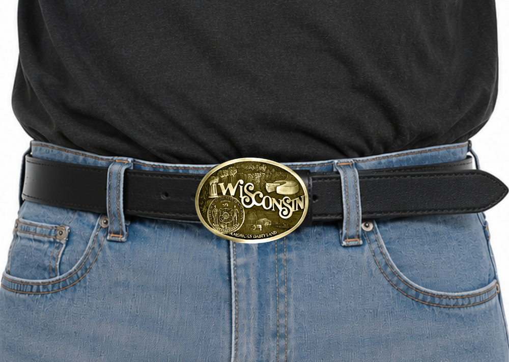 Show your Wisconsin state pride with all the Dairyland motifs including wonderful Cheeese! Fits 1 1/2" belts and is approx. 3" tall x 4" across. Available at our shop just outside Nashville in Smyrna, TN. Made by Montana Silversmith.