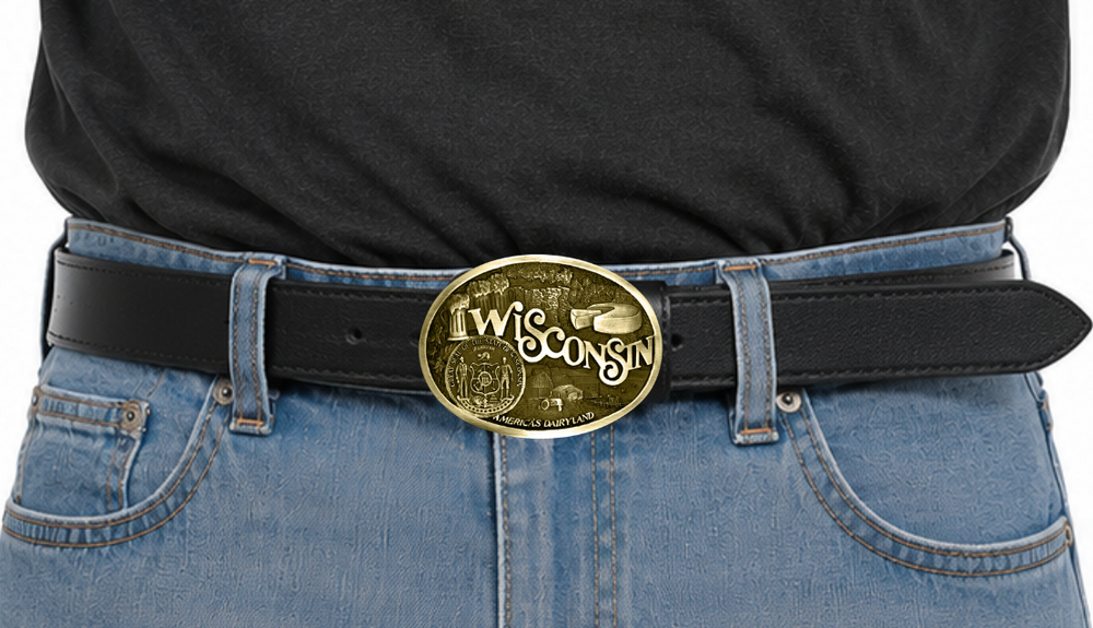 Show your Wisconsin state pride with all the Dairyland motifs including wonderful Cheeese! Fits 1 1/2" belts and is approx. 3" tall x 4" across. Available at our shop just outside Nashville in Smyrna, TN. Made by Montana Silversmith.