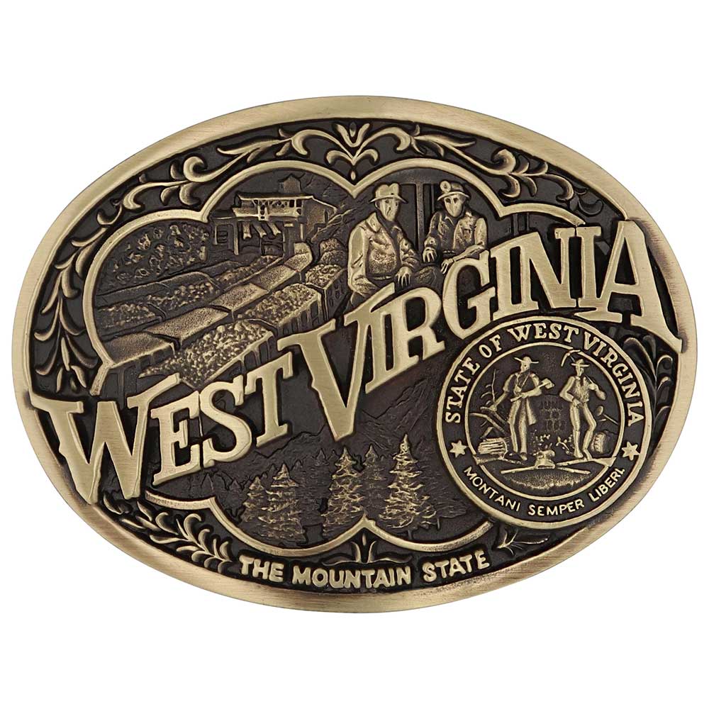 Show your West Virginia Mountain State pride by displaying this buckle highlighting mining and forestry motifs including the state seal!

Fits 1 1/2" belts and is approx. 3" tall x 4" across.&amp;nbsp;Available at our shop just outside Nashville in Smyrna, TN. Made by Montana Silversmiths.