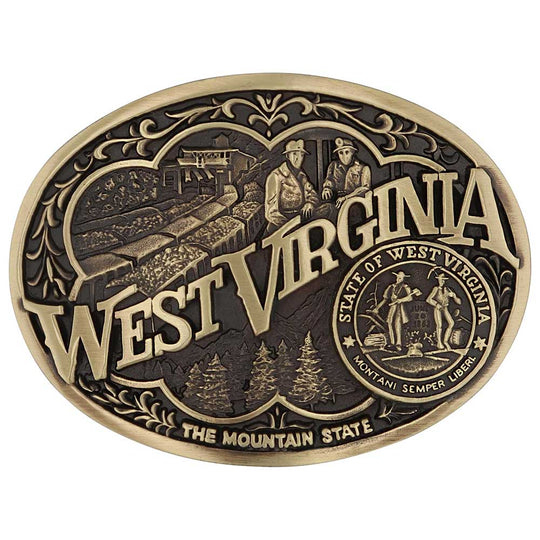 Show your West Virginia Mountain State pride by displaying this buckle highlighting mining and forestry motifs including the state seal!

Fits 1 1/2" belts and is approx. 3" tall x 4" across.&amp;nbsp;Available at our shop just outside Nashville in Smyrna, TN. Made by Montana Silversmiths.