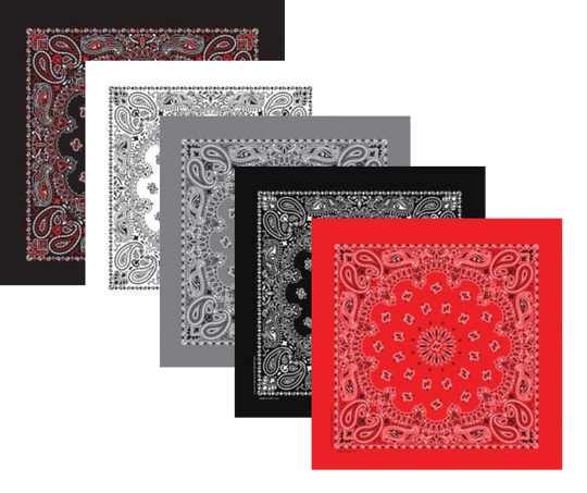 We stock traditional 100% Cotton for a soft and comfortable feel. Made in the USA and approx. 22" x 22", they feature a trademark Paisley design. Bandanas have been around for over 75 years and are still a staple in culture whether it's a farmer, MC, or a Rock star.