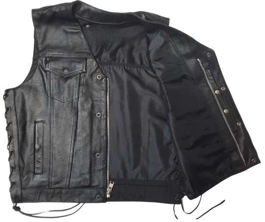 This versatile vest combines the best of Club Style and V-neck designs. Made from durable cowhide, it features side lacing and a convenient snap front closure. Inside, you&