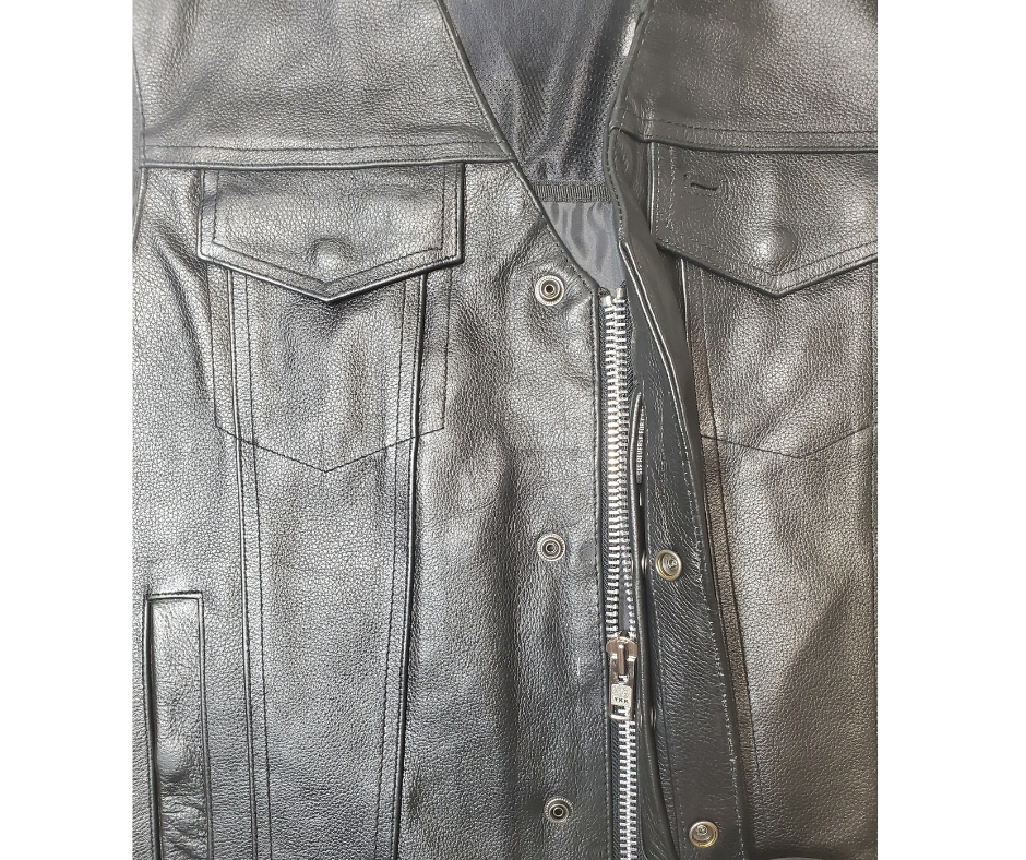 This versatile vest combines the best of Club Style and V-neck designs. Made from durable cowhide, it features side lacing and a convenient snap front closure. Inside, you'll find conceal carry pockets and a 3 panel pack. Stop by our leather shop in Smyrna, TN, near Nashville, to purchase yours in sizes small to 5x.