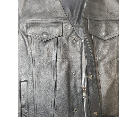 This versatile vest combines the best of Club Style and V-neck designs. Made from durable cowhide, it features side lacing and a convenient snap front closure. Inside, you'll find conceal carry pockets and a 3 panel pack. Stop by our leather shop in Smyrna, TN, near Nashville, to purchase yours in sizes small to 5x.
