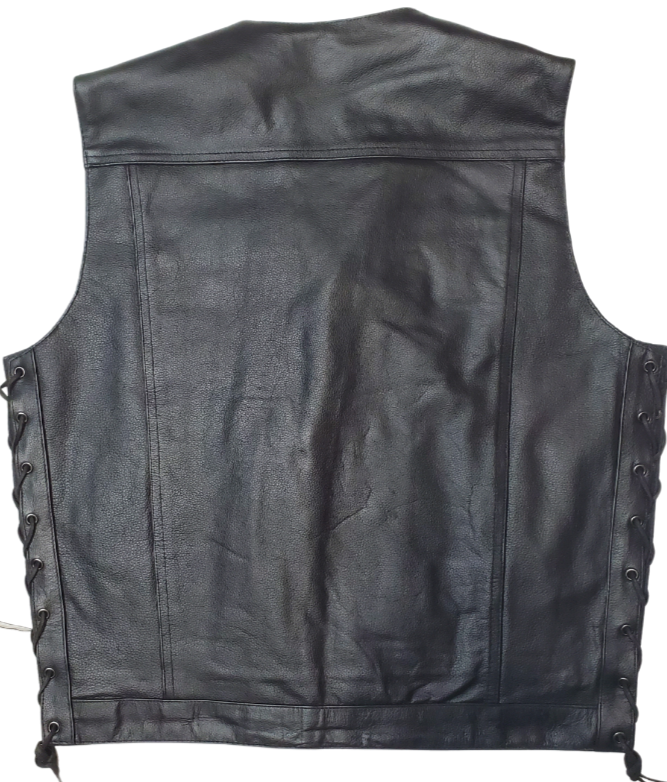 This versatile vest combines the best of Club Style and V-neck designs. Made from durable cowhide, it features side lacing and a convenient snap front closure. Inside, you'll find conceal carry pockets and a 3 panel pack. Stop by our leather shop in Smyrna, TN, near Nashville, to purchase yours in sizes small to 5x.