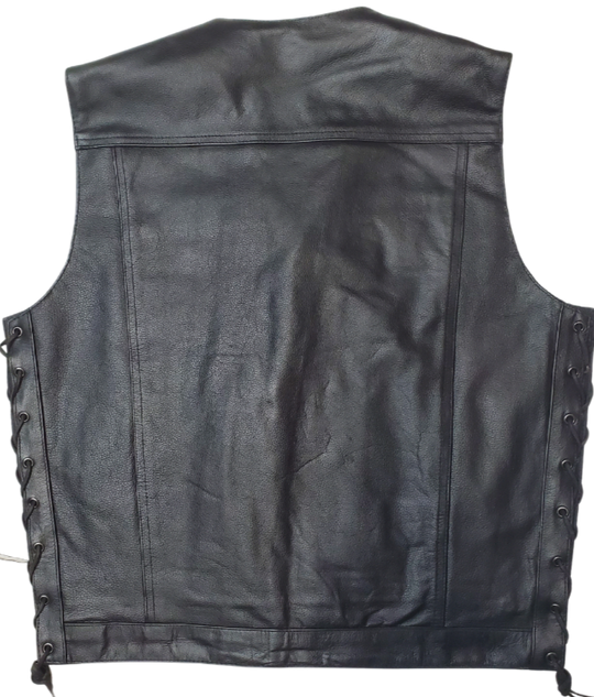This versatile vest combines the best of Club Style and V-neck designs. Made from durable cowhide, it features side lacing and a convenient snap front closure. Inside, you'll find conceal carry pockets and a 3 panel pack. Stop by our leather shop in Smyrna, TN, near Nashville, to purchase yours in sizes small to 5x.
