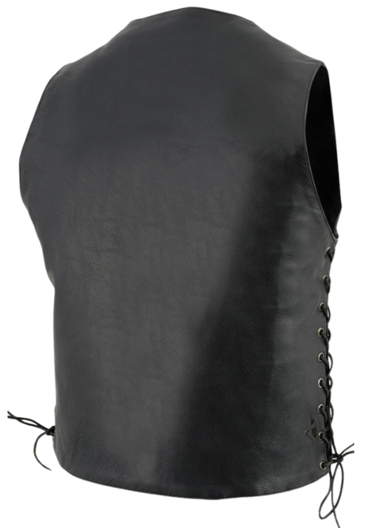 The "Nash" Buffalo Nickel Black Premium leather riding vest with V-neck and Buffalo Nickel snap front closure. Generous sizing and 6 pockets including lower front side pockets, front pockets, conceal carry pockets on either side. The back is a solid panel.&nbsp; Available in our shop in Smyrna, TN, just outside Nashville in sizes S-8X ...Call for sizing above 5X.