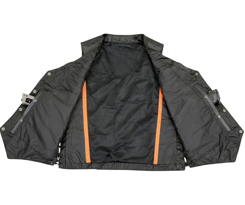 The "Nash" Buffalo Nickel Black Premium leather riding vest with V-neck and Buffalo Nickel snap front closure. Generous sizing and 6 pockets including lower front side pockets, front pockets, conceal carry pockets on either side. The back is a solid panel.&nbsp; Available in our shop in Smyrna, TN, just outside Nashville in sizes S-8X ...Call for sizing above 5X.