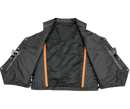 The "Nash" Buffalo Nickel Black Premium leather riding vest with V-neck and Buffalo Nickel snap front closure. Generous sizing and 6 pockets including lower front side pockets, front pockets, conceal carry pockets on either side. The back is a solid panel.&nbsp; Available in our shop in Smyrna, TN, just outside Nashville in sizes S-8X ...Call for sizing above 5X.