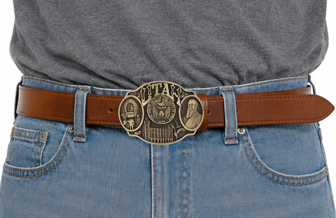 Celebrate Utah State with this buckle highlighting pioneers, Brigham Young, the Salt Lake Tabernacle, and the state seal! Brass plate over a solid cast metal alloy is antiqued and buffed to highlight the details.

Fits 1 1/2" belts and is approx. 3" tall x 4" across. Available at our shop just outside Nashville in Smyrna, TN. Made by Montana Silversmiths.