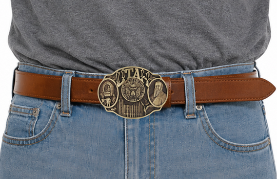 Celebrate Utah State with this buckle highlighting pioneers, Brigham Young, the Salt Lake Tabernacle, and the state seal! Brass plate over a solid cast metal alloy is antiqued and buffed to highlight the details.

Fits 1 1/2" belts and is approx. 3" tall x 4" across. Available at our shop just outside Nashville in Smyrna, TN. Made by Montana Silversmiths.