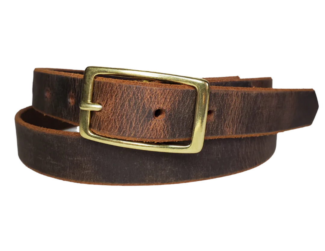 Our ladies 1" wide Distressed Brown buffalo water leather belt with snaps to easily change out buckle. Features a smoothed black burnished and a Solid Brass or Antique Nickle plate over Brass buckle. This belt has a softer feel than some of our Name style belts but still durable. Available online or for purchase at our shop just outside Nashville in Smyrna, TN.  We create each belt to have 7 holes at 1 inch apart. Your chosen size will be the center hole.