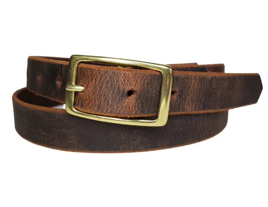 Our ladies 1" wide Distressed Brown buffalo water leather belt with snaps to easily change out buckle. Features a smoothed black burnished and a Solid Brass or Antique Nickle plate over Brass buckle. This belt has a softer feel than some of our Name style belts but still durable. Available online or for purchase at our shop just outside Nashville in Smyrna, TN.  We create each belt to have 7 holes at 1 inch apart. Your chosen size will be the center hole.