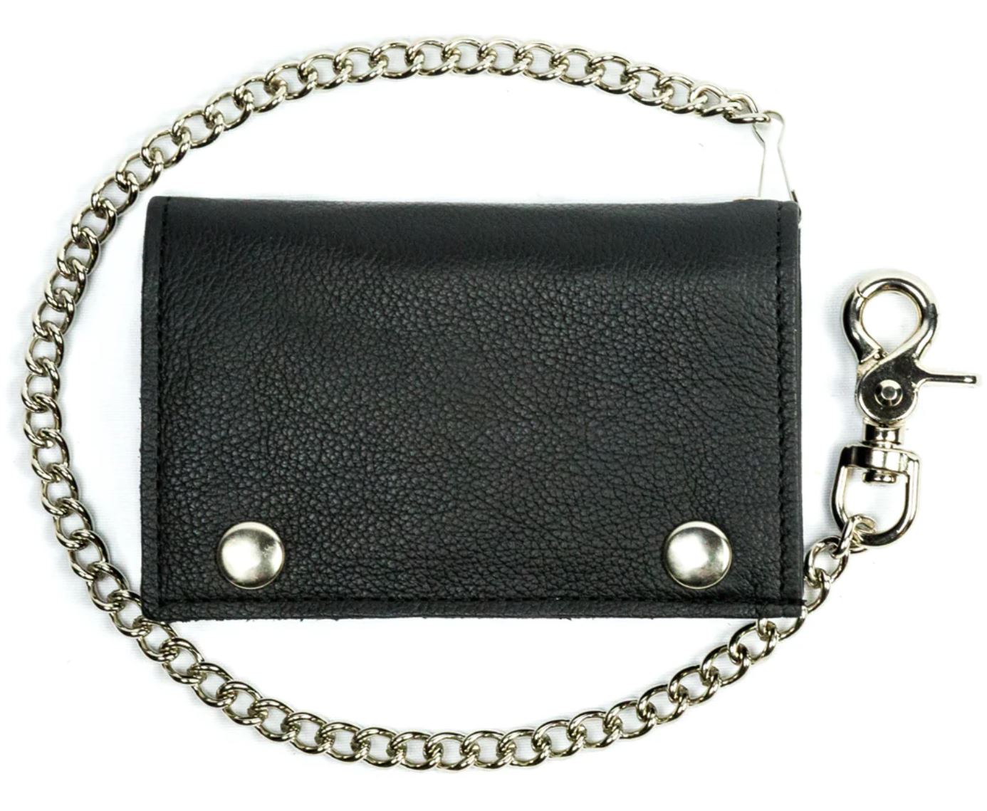 It's SOFT Cowhide LEATHER that's close to a standard tri-fold size! 2 card slots in the middle with an I.D. slot on the other side. 2 underneath slots, 1 larger cash slot for all your important stash, and 1 zip pocket for the coins. An 18" chrome plated chain is attached to the back of the wallet. Standard long tri-fold size. Size is approx. 5.75"x 3.5" when snapped closed. Like most wallets over stuffing will limit the time of use. Made in USA.