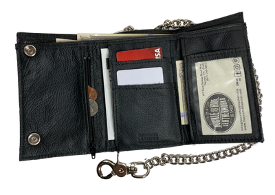It's SOFT Cowhide LEATHER that's close to a standard tri-fold size! 2 card slots in the middle with an I.D. slot on the other side. 2 underneath slots, 1 larger cash slot for all your important stash, and 1 zip pocket for the coins. An 18" chrome plated chain is attached to the back of the wallet. Standard long tri-fold size. Size is approx. 5.75"x 3.5" when snapped closed. Like most wallets over stuffing will limit the time of use. Made in USA.