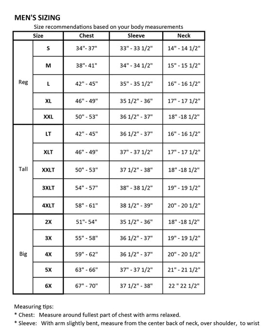 Men's sizing chart with measurements for chest, sleeve, and neck.
