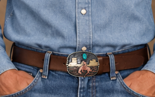 The Midnight Rider buckle is handmade from German Silver (nickel and brass alloy) or iron metal base. Our products are all handcrafted. In order to give you the quality and long lasting final product we also plate each piece with copper, nickel and silver. Available at our Smyrna, TN shop just outside of Nashville. Made in Mexico by talented metal workers.