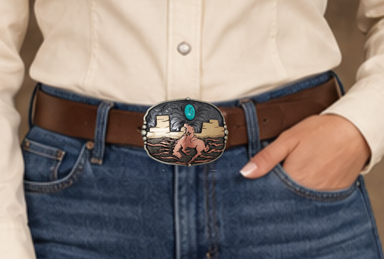 The Midnight Rider buckle is handmade from German Silver (nickel and brass alloy) or iron metal base. Our products are all handcrafted. In order to give you the quality and long lasting final product we also plate each piece with copper, nickel and silver. Available at our Smyrna, TN shop just outside of Nashville. Made in Mexico by talented metal workers.