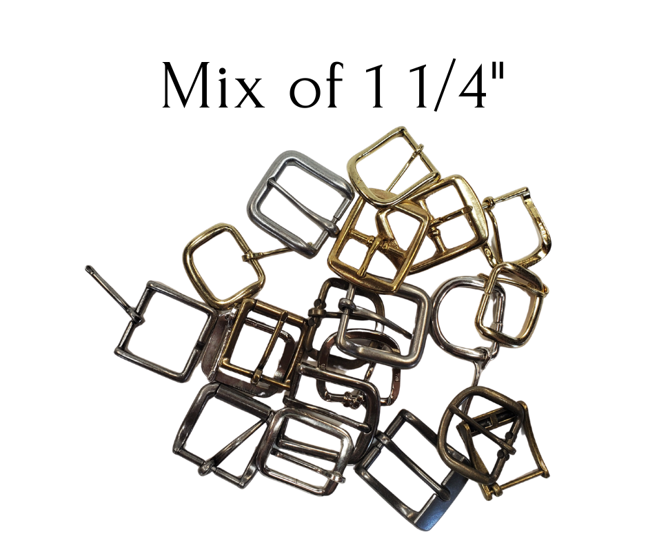 Just cleaning out our buckles. Some we bought for belts, some were samples, some we just have decided not to use anymore. Asst. 1 1/4" only in this bag, we tried to sort them as evenly as possible. While they last at our Smyrna, TN shop.

20 asst. style buckles
Heel and center bar styles
No returns or exchanging