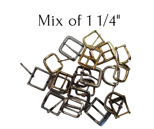 Just cleaning out our buckles. Some we bought for belts, some were samples, some we just have decided not to use anymore. Asst. 1 1/4" only in this bag, we tried to sort them as evenly as possible. While they last at our Smyrna, TN shop.

20 asst. style buckles
Heel and center bar styles
No returns or exchanging