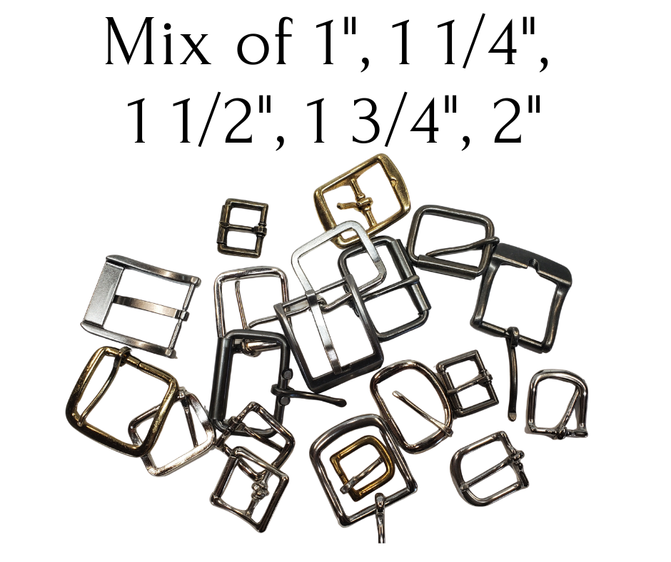 Just cleaning out our buckles. Some we bought for belts, some were samples, some we just have decided not to use anymore. Size on this bag is 1", 1 1/4", 1 1/2", 1 3/4", 2", we tried to sort them as evenly as possible. While they last at our Smyrna, TN shop.

20 asst. size buckles
Heel and center bar styles
No returns or exchanging