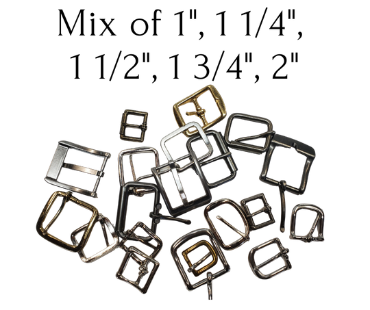 Just cleaning out our buckles. Some we bought for belts, some were samples, some we just have decided not to use anymore. Size on this bag is 1", 1 1/4", 1 1/2", 1 3/4", 2", we tried to sort them as evenly as possible. While they last at our Smyrna, TN shop.

20 asst. size buckles
Heel and center bar styles
No returns or exchanging