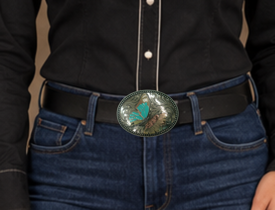 The Monarch belt buckle is made from German Silver(nickel and brass alloy)or iron metal base. These buckles have motifs made of copper, iron or brass and some are adorned with synthetic stones. In order to give you the quality and long lasting final product. Available at our Smyrna, TN shop just outside of Nashville.
