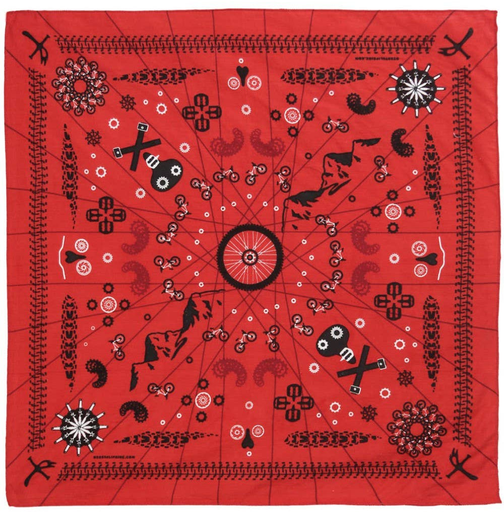 Mountains, Skulls, bike parts bandana. Soft pigment-dyed 100% Cotton print gets softer with each wash. Get yours at our Smyrna, TN shop not far from the Gulch.

Measures 22 x 22 inches
Made in India