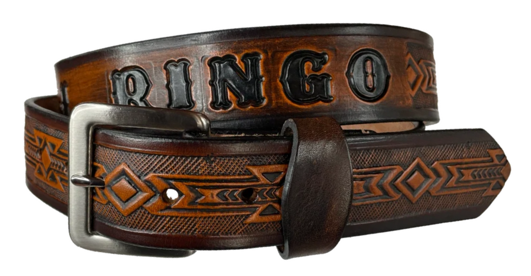 Personalized Mr. Ringo Southwestern leather belt with embossed Arizona-style design and custom name.
