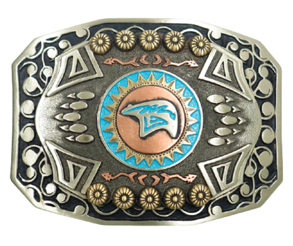 The Mukwa in Ojibwa means bear and strength. This buckle is handmade from German Silver (nickel and brass alloy) or iron metal base. Our products are all handcrafted. In order to give you the quality and long lasting final product we also plate each piece with copper, nickel and silver.&nbsp; to ensure the piece's long lasting qualities. Available at our Smyrna, TN shop just outside of Nashville. Made in Mexico by talented metal workers.
Approx. Width 4” Height 3”/ Standard Swivel fits 1.5” belts