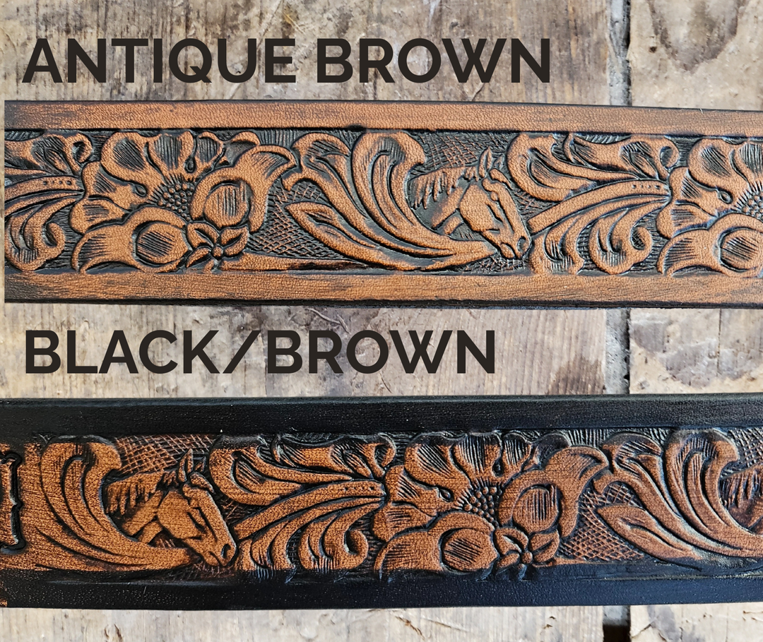 Mustang leather name belt in two-tone brown