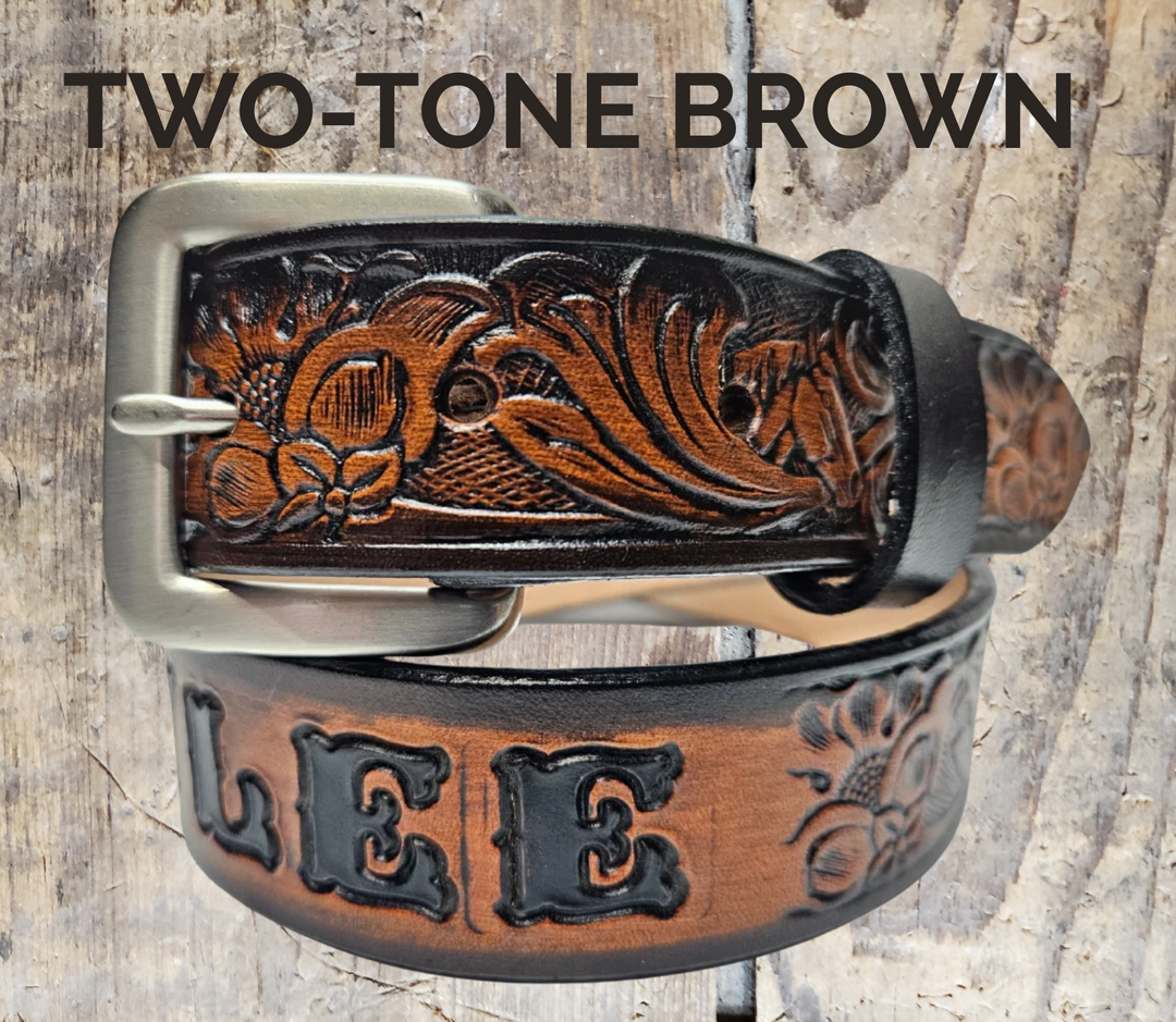 Mustang leather name belt in two-tone brown