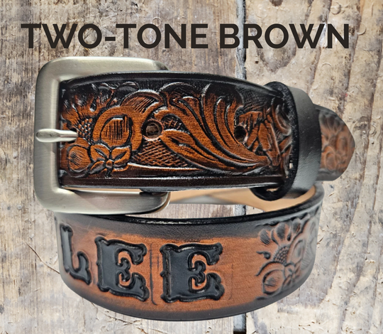 Mustang leather name belt in two-tone brown