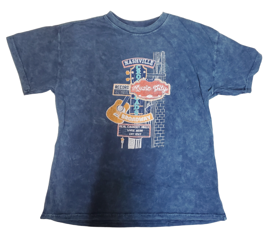 Get your Nashville Signs tee without going to Broadway downtown Nashville! Feature the iconic vintage Sign vintage style graphics. Super soft feel. A few left in stock at our Smyrna, TN shop.

Sizing measurements:
Chest under arm pit S-20", M-21", LRG 22", XL-26", 2X- 27"
Length top of neck to bottom of shirt S -25, M-26", L-27", XL-28", 2X-29"