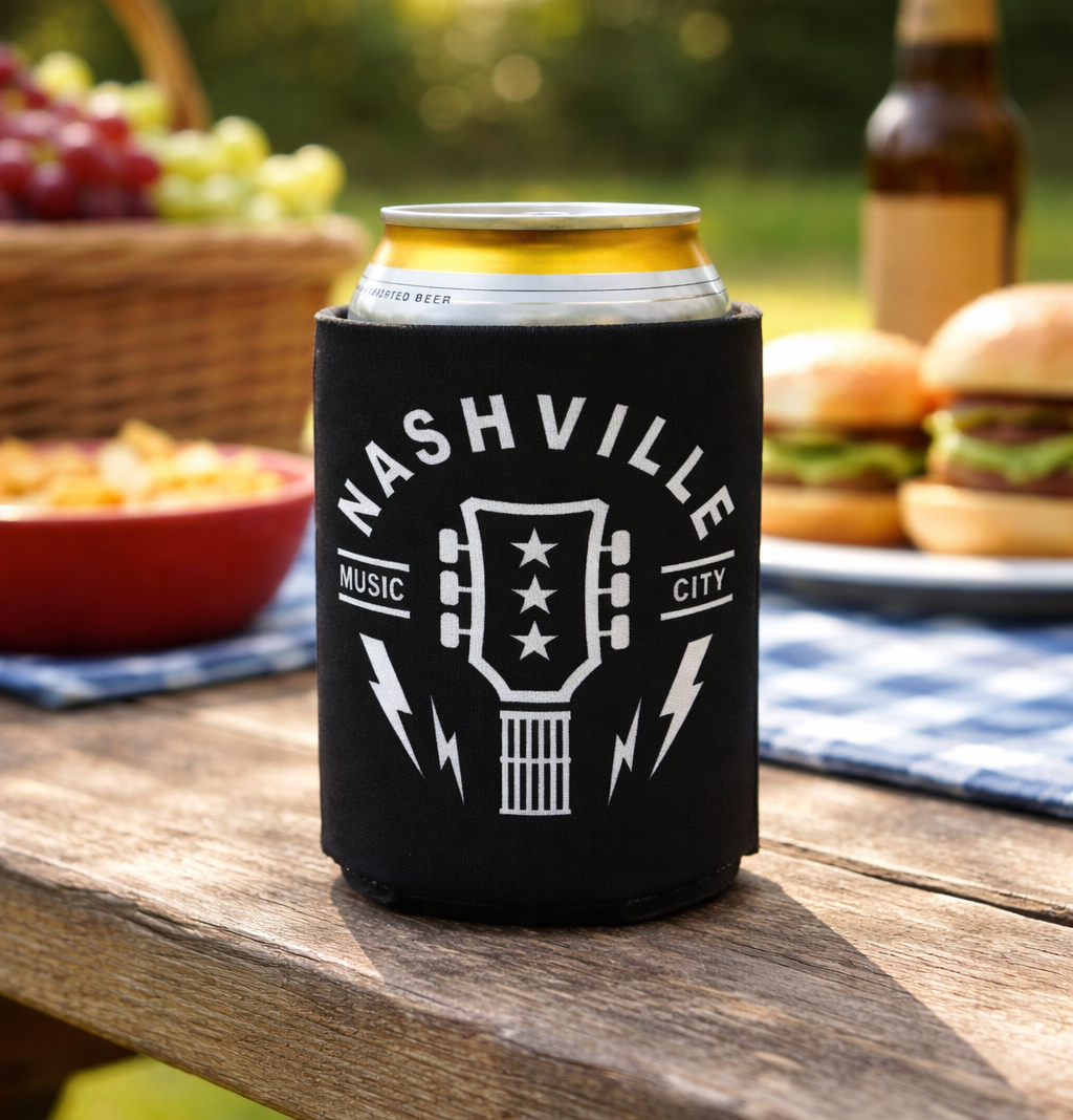 Nashville Music City Guitar Can Cooler. These can coolers fit most 12 oz. cans and bottles and are made with polyurethane foam for premium insulation. Sublimation screen printing methods to imprint the design for the best results. Part of our Home section at our Smyrna, TN shop.

Collapsible