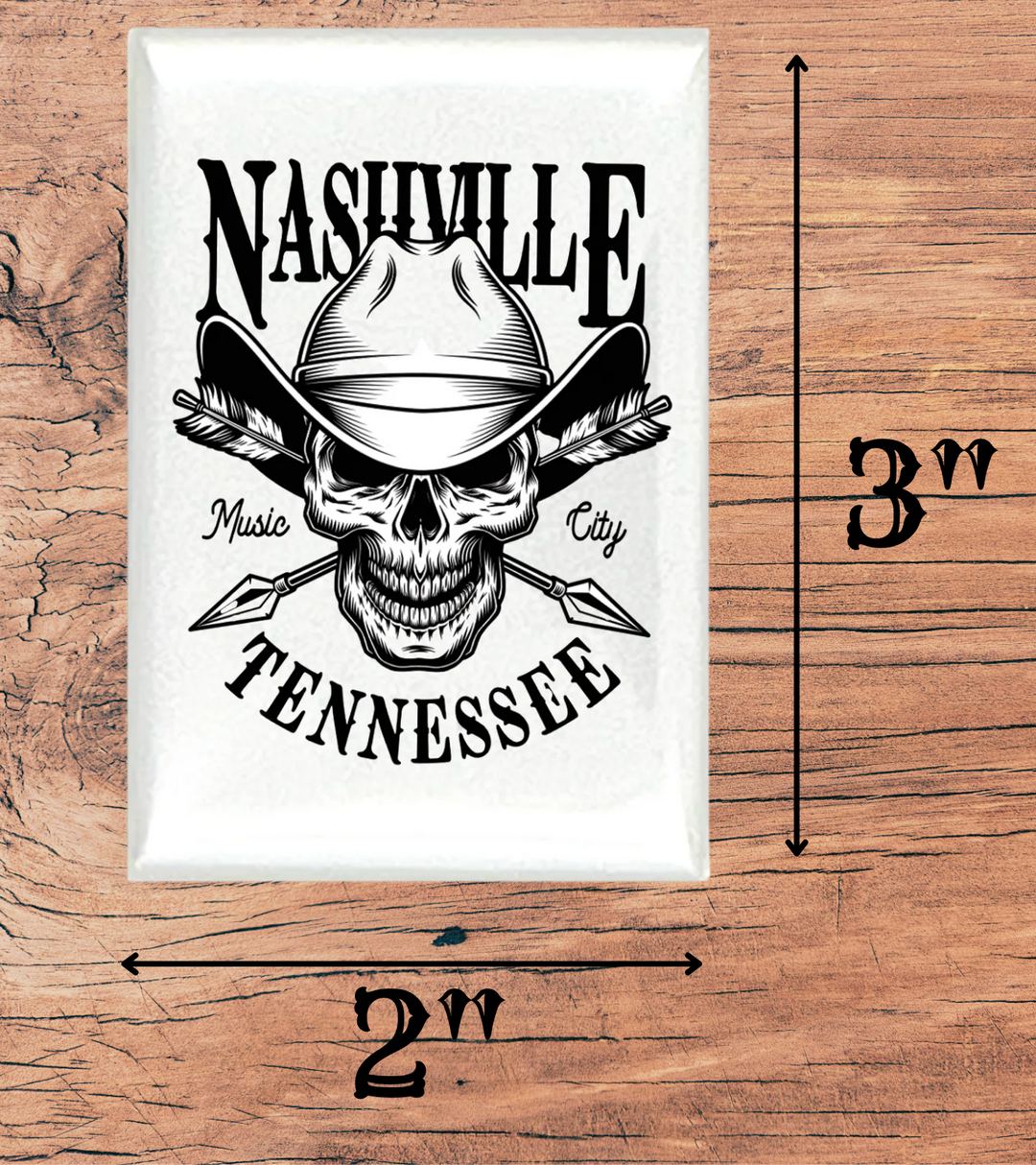 Nashville Tennessee Cowboy Skull MAGNET refrigerator magnet that you forgot to pick up on your trip here. Magnets feature a high-gloss, weather-resistant finish, a heavy magnet back and high quality, full color face print. Now part of our Smyrna, TN shop not far from Nashville.

2" by 3"